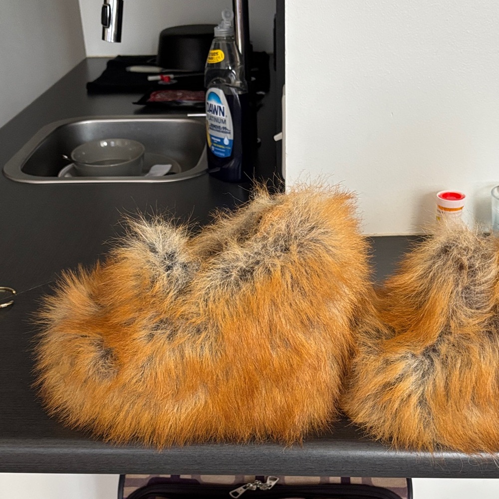 Faux Fur Slippers in Orange and Black